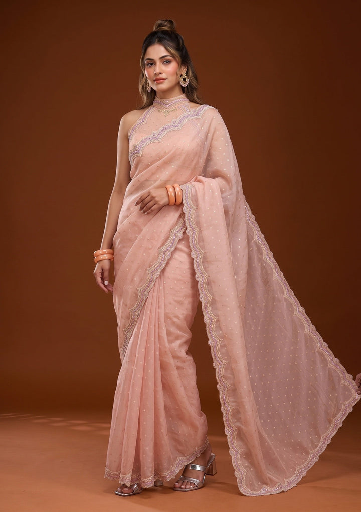 Peach Sequins Chanderi Saree