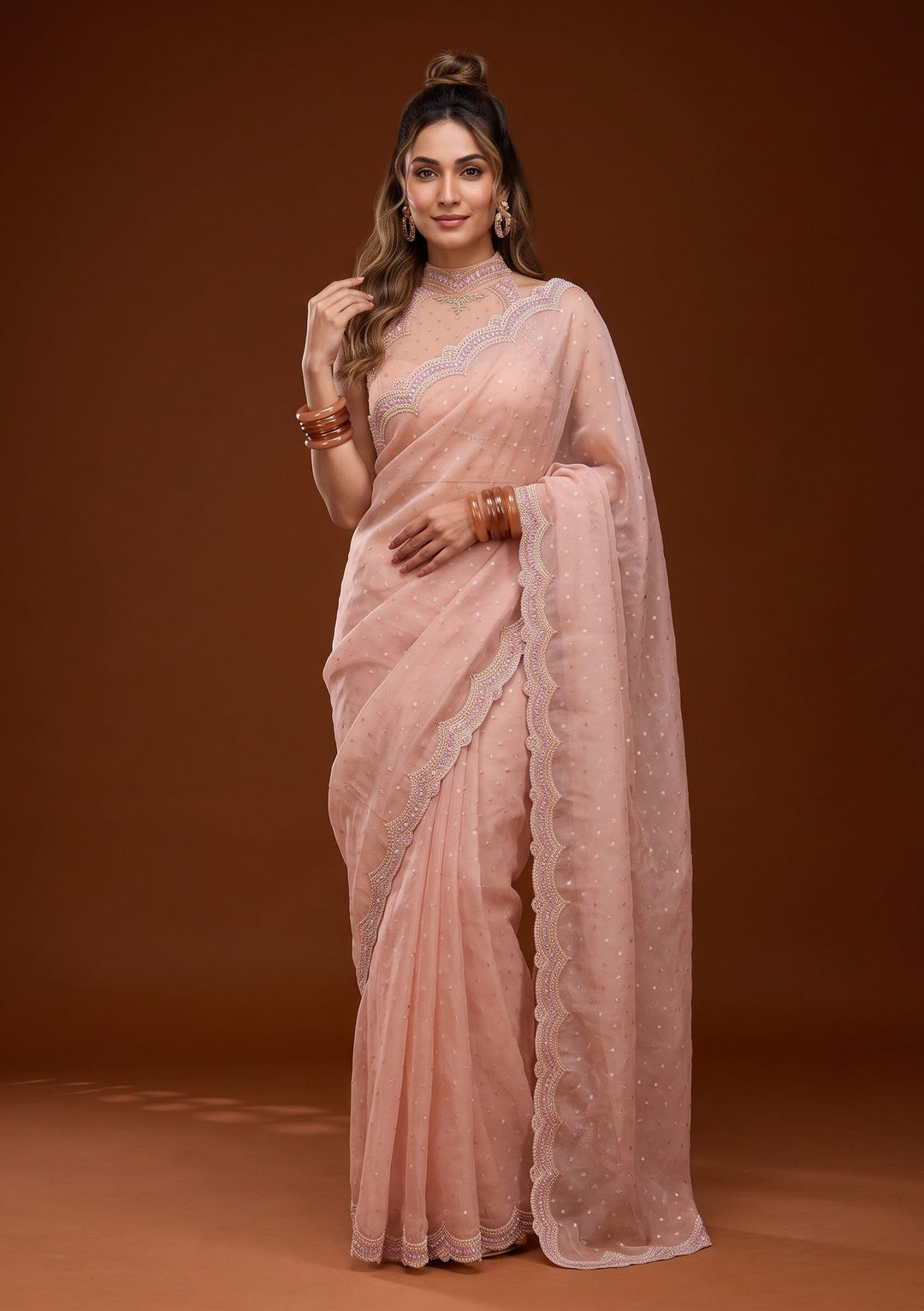 Peach Sequins Chanderi Saree