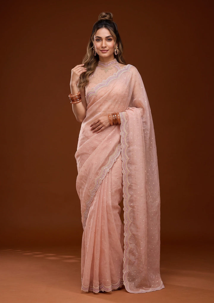 Peach Sequins Chanderi Saree