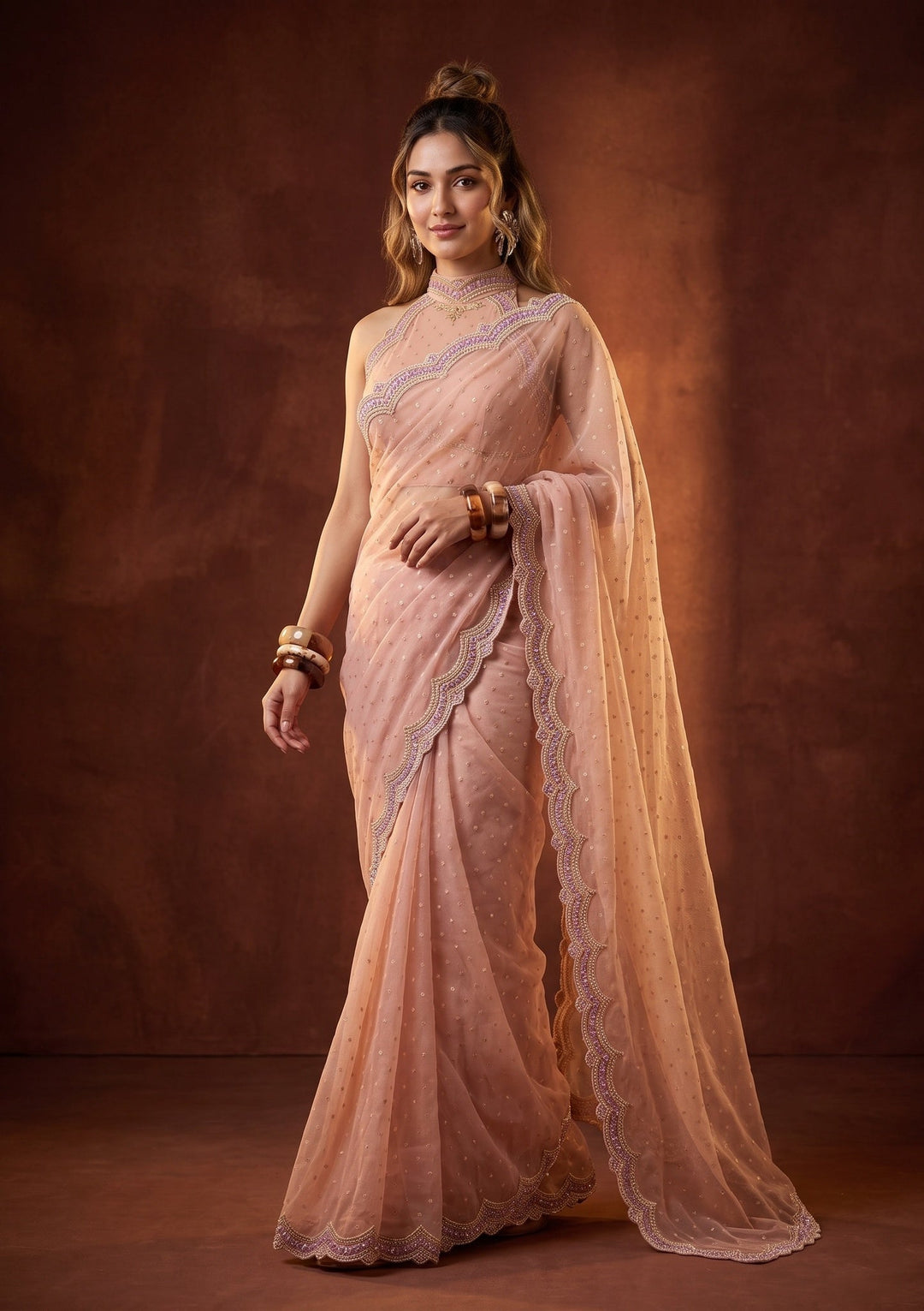 Peach Sequins Chanderi Saree