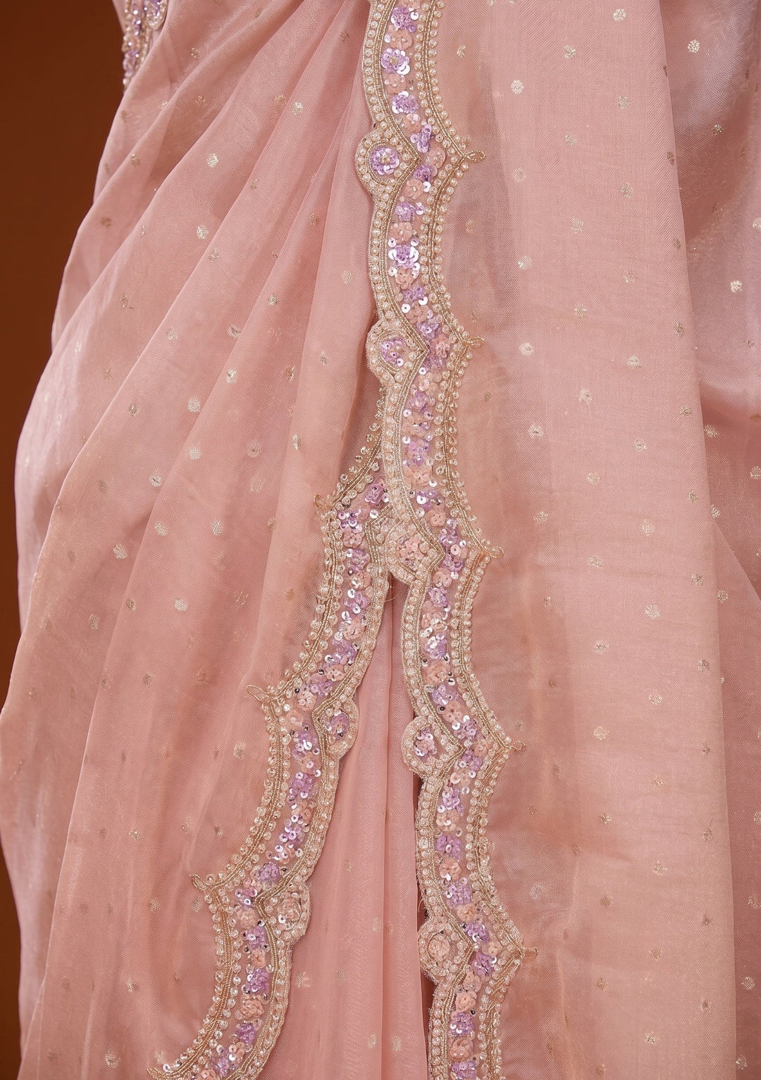 Peach Sequins Chanderi Saree