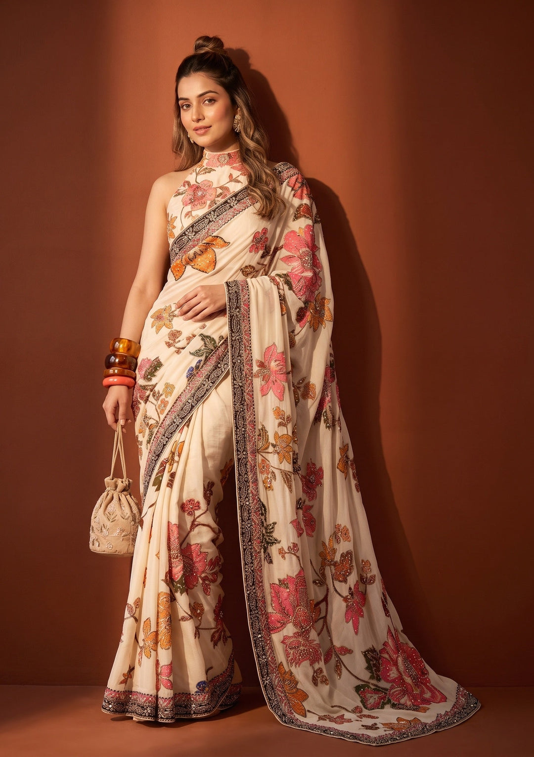 Beige Mirrorwork Chinon Saree