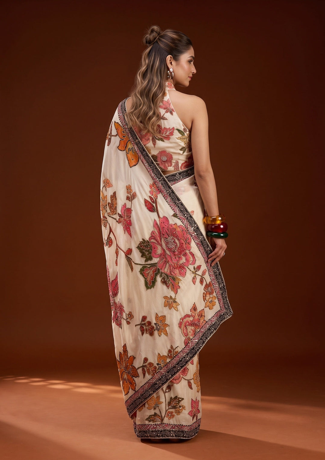 Beige Mirrorwork Chinon Saree