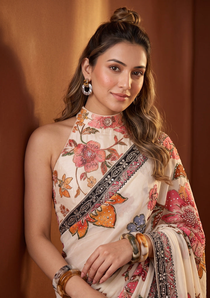Beige Mirrorwork Chinon Saree
