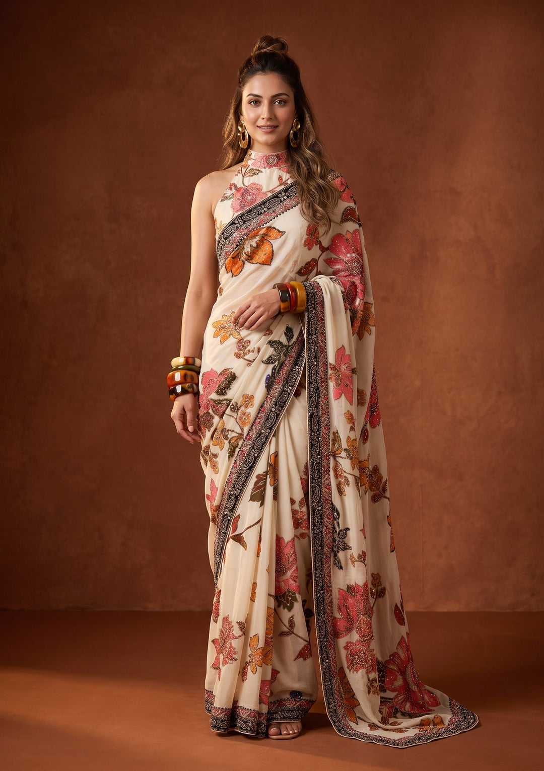 Beige Mirrorwork Chinon Saree