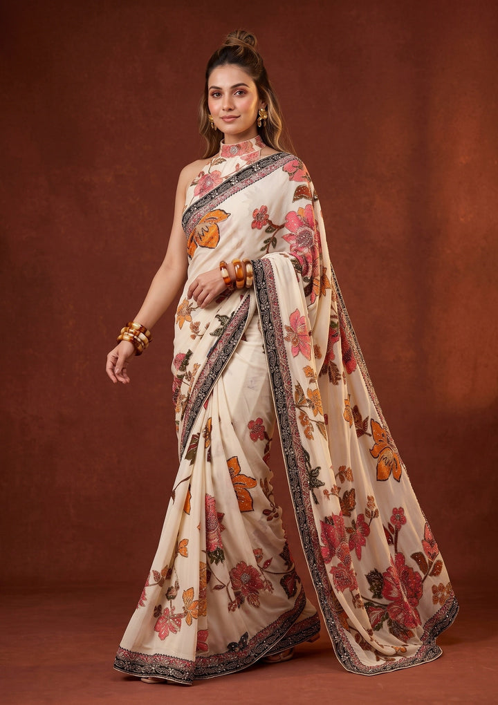 Beige Mirrorwork Chinon Saree
