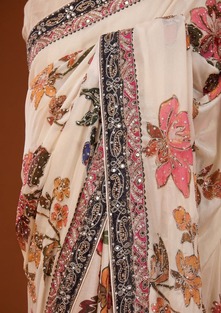 Beige Mirrorwork Chinon Saree