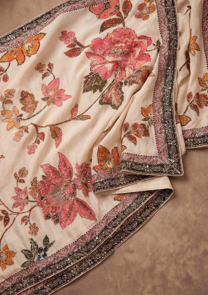 Beige Mirrorwork Chinon Saree
