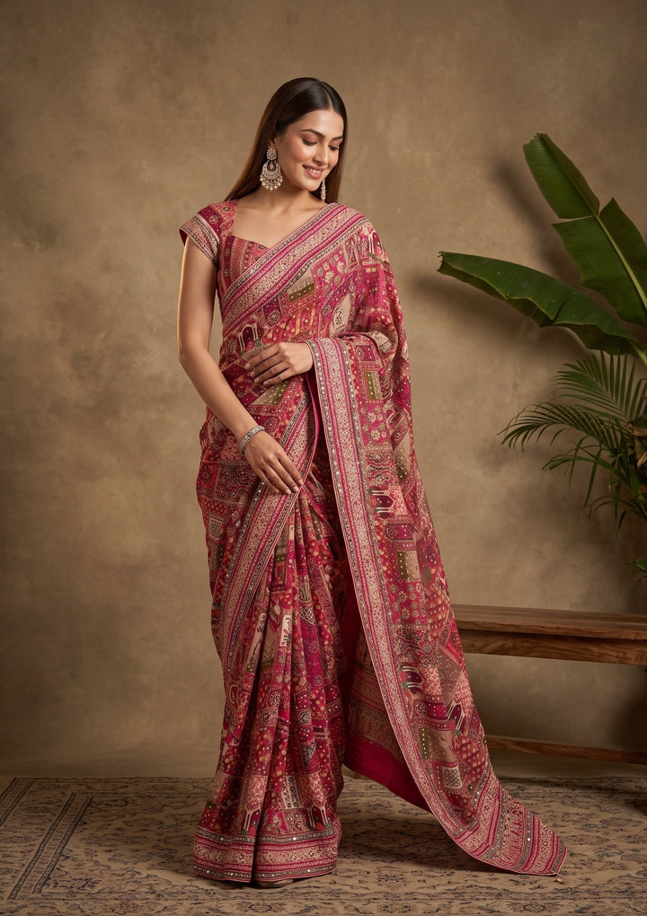 Rani Pink Mirrorwork Chinon Saree