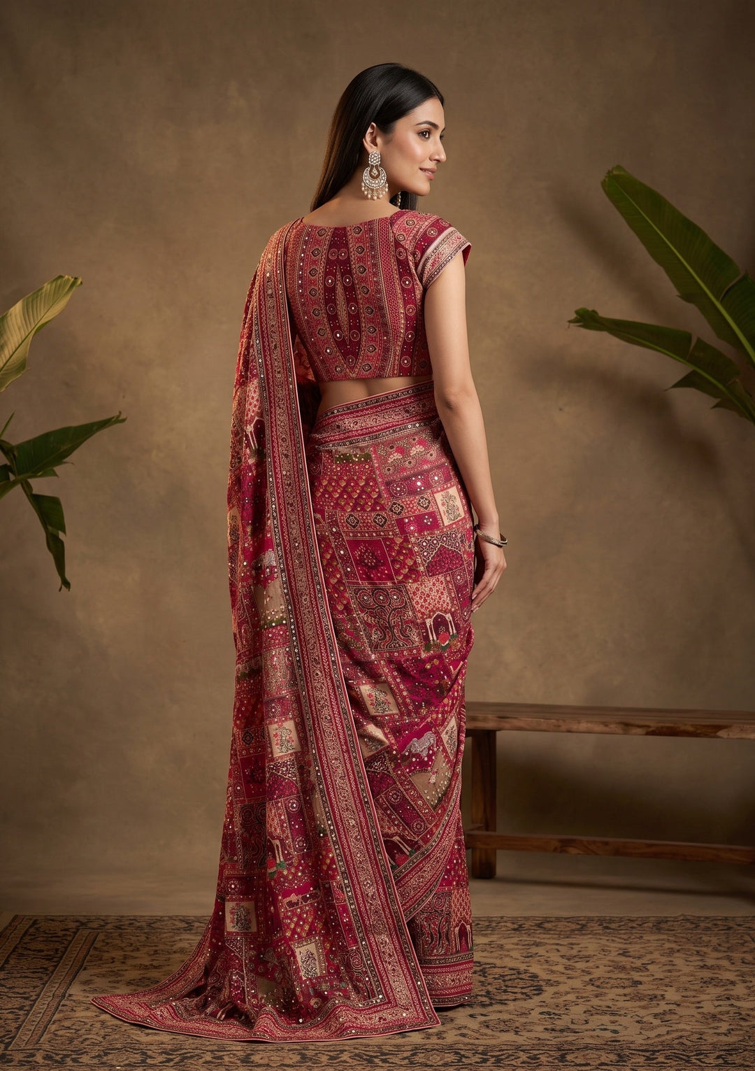 Rani Pink Mirrorwork Chinon Saree