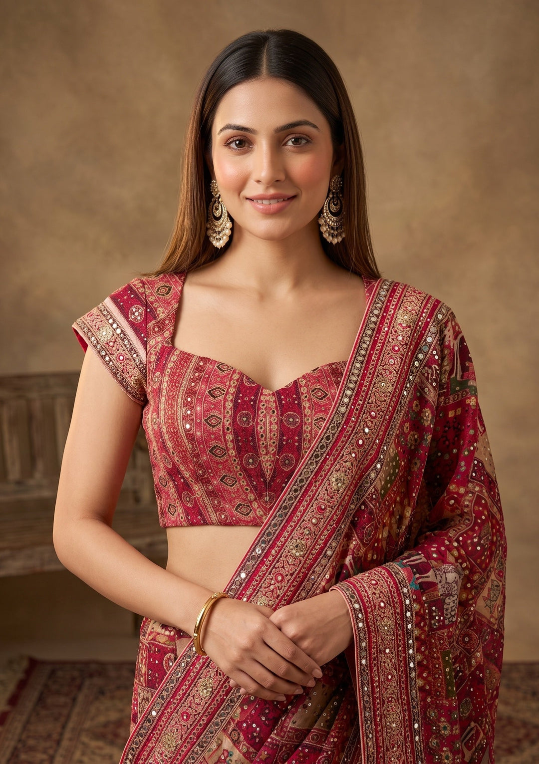 Rani Pink Mirrorwork Chinon Saree
