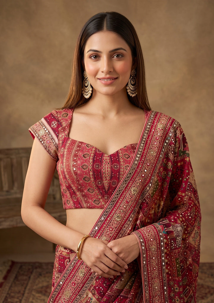 Rani Pink Mirrorwork Chinon Saree
