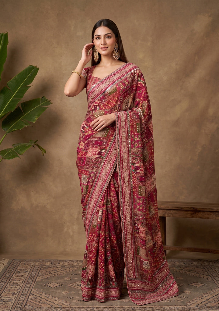 Rani Pink Mirrorwork Chinon Saree