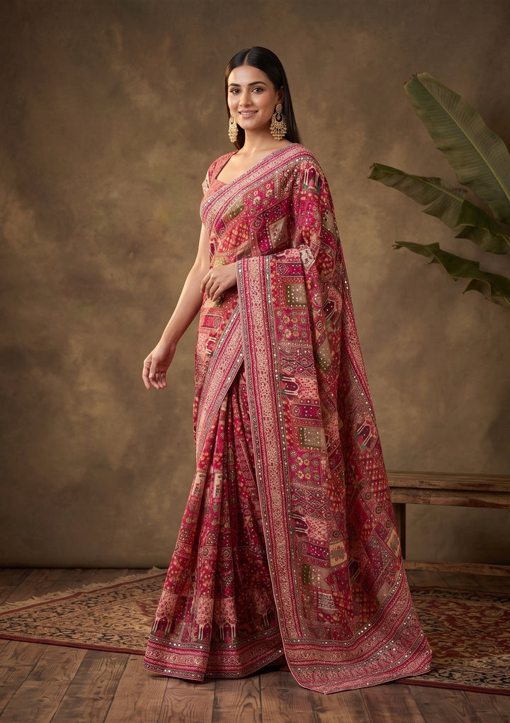 Rani Pink Mirrorwork Chinon Saree