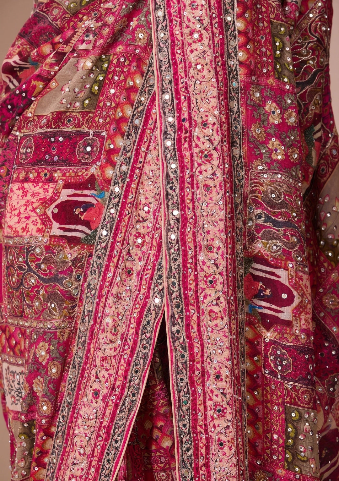 Rani Pink Mirrorwork Chinon Saree