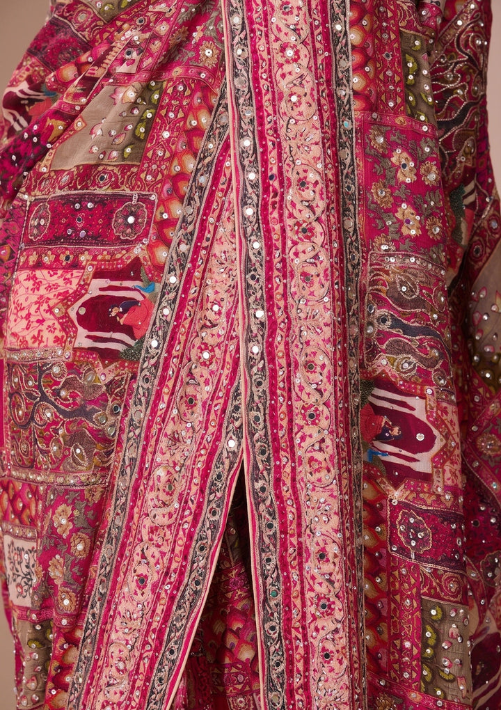 Rani Pink Mirrorwork Chinon Saree