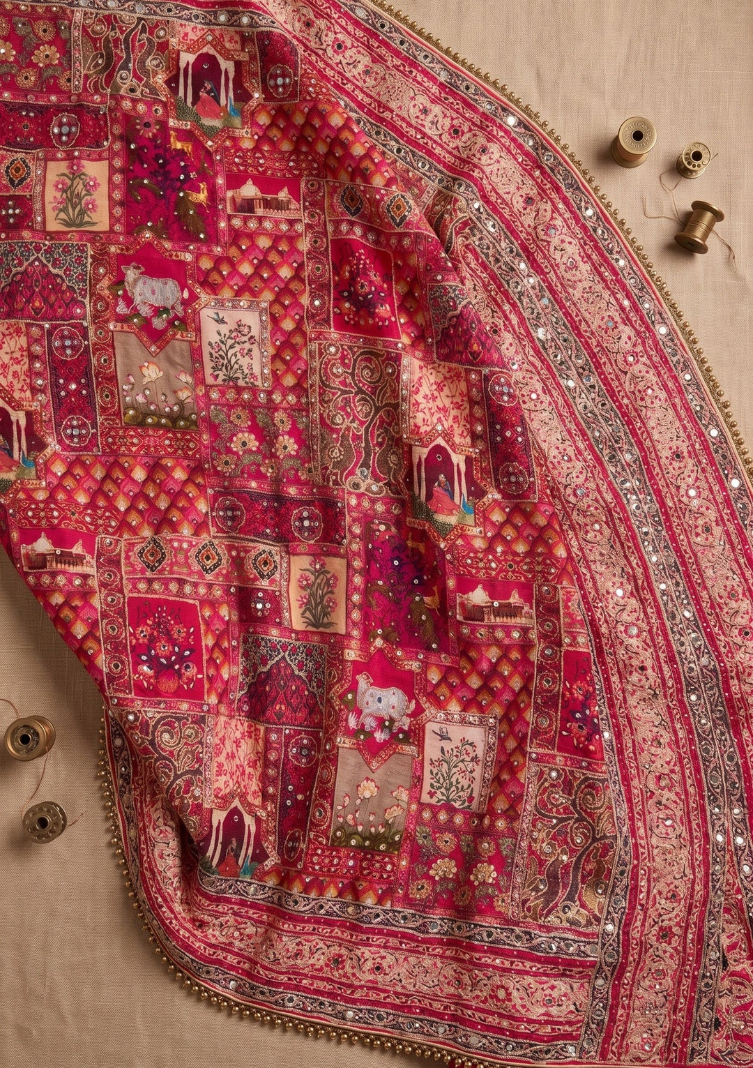 Rani Pink Mirrorwork Chinon Saree