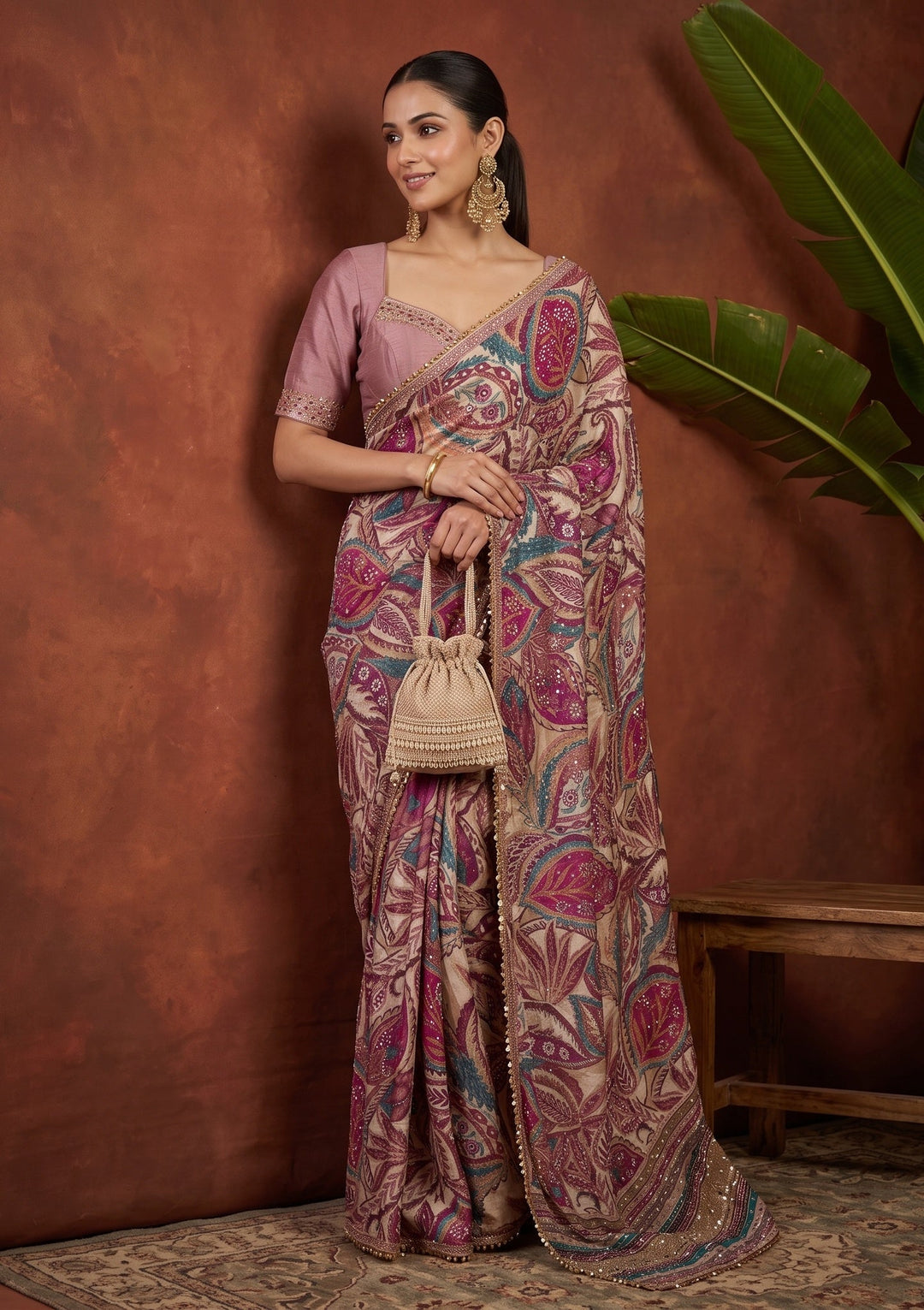 Beige Swarovski Chinon Saree