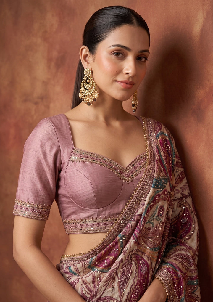 Beige Swarovski Chinon Saree