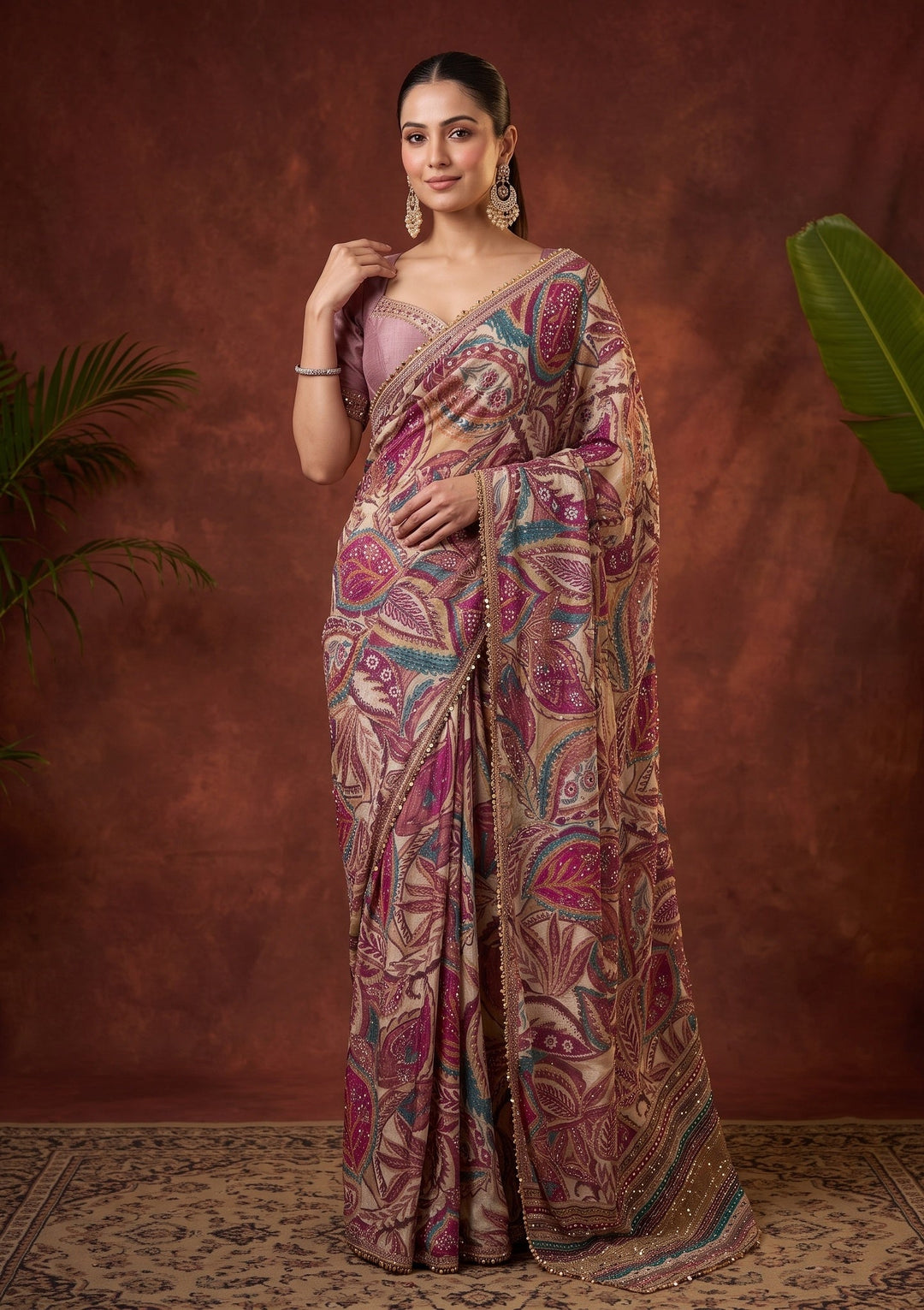 Beige Swarovski Chinon Saree