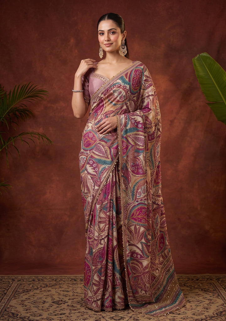 Beige Swarovski Chinon Saree