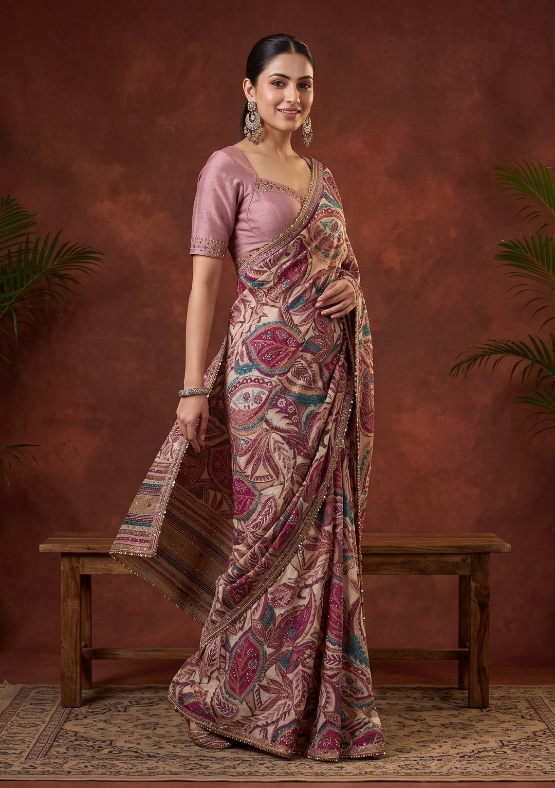 Beige Swarovski Chinon Saree