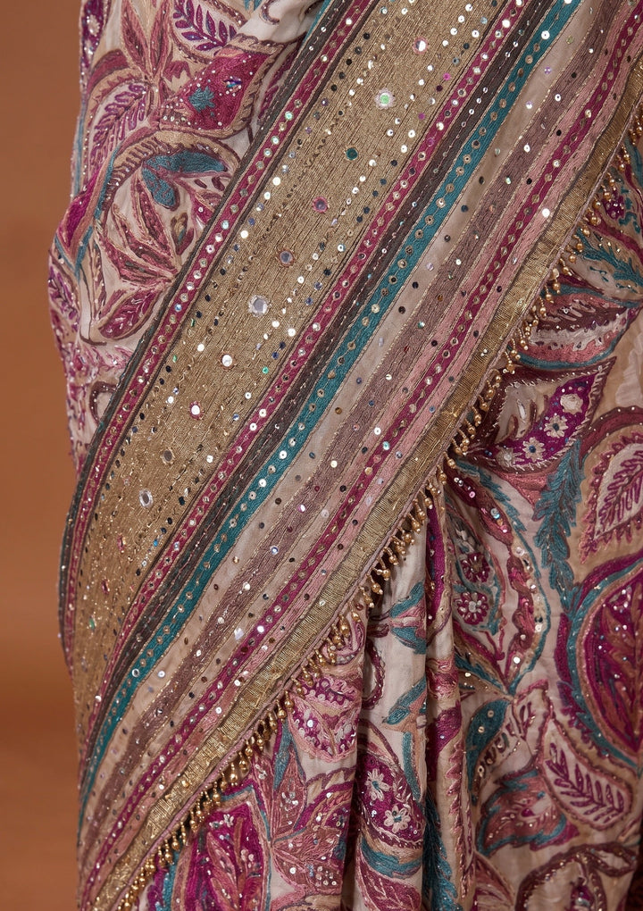 Beige Swarovski Chinon Saree
