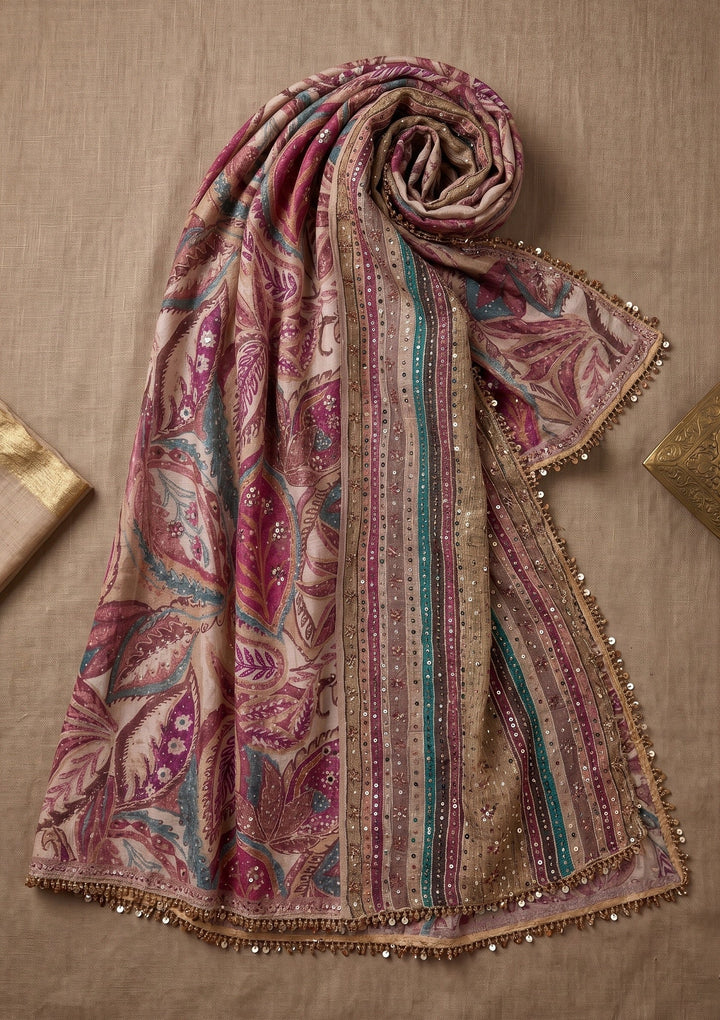 Beige Swarovski Chinon Saree