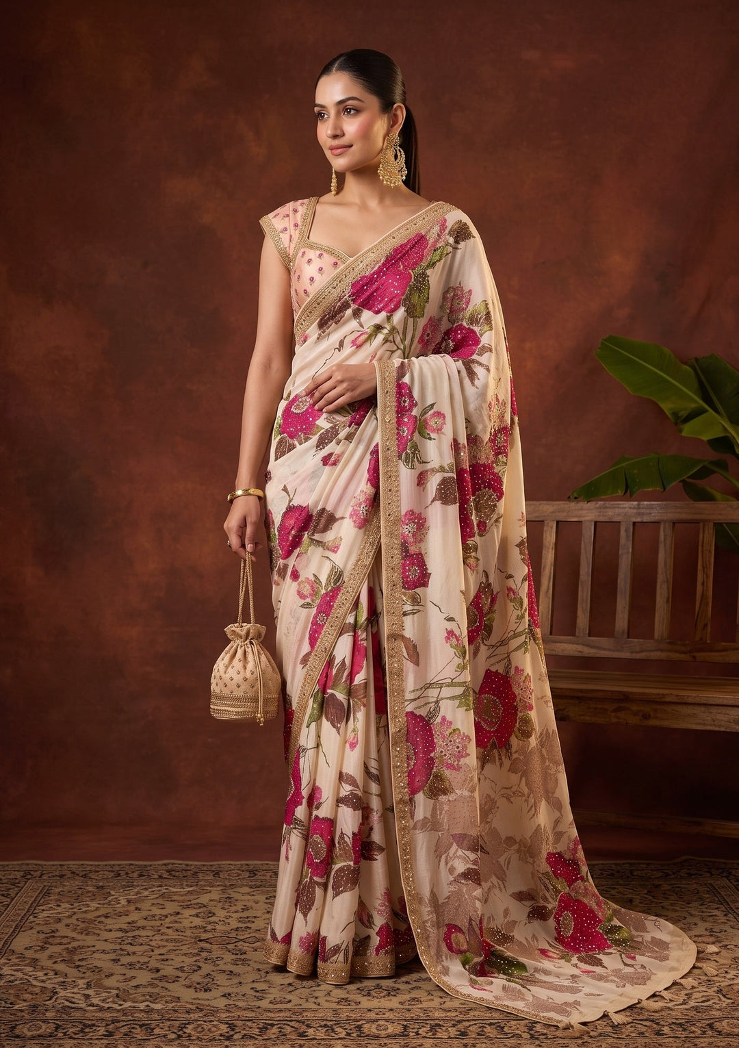 Beige Mirrorwork Chinon Saree