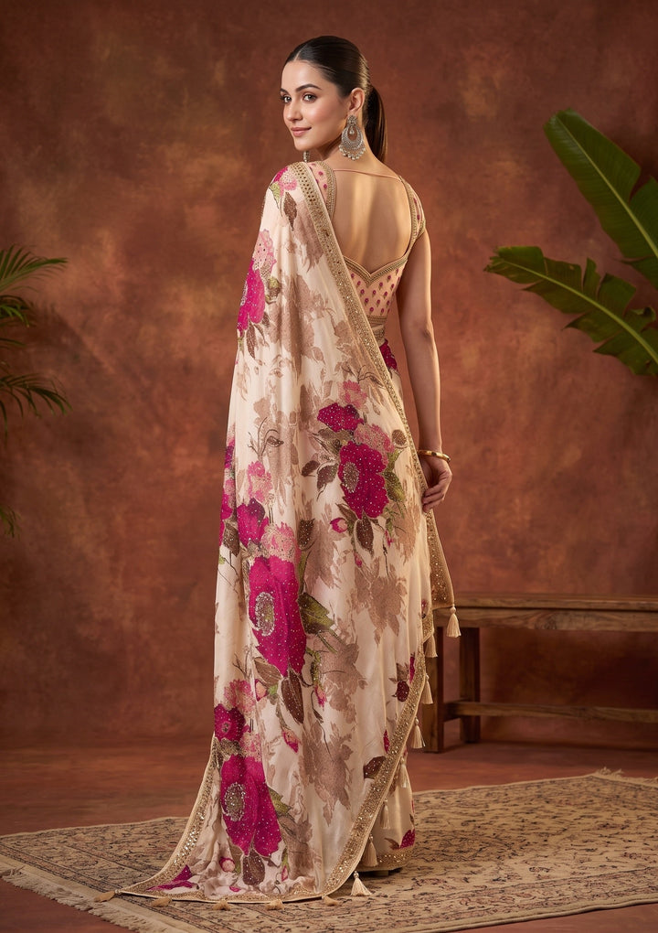 Beige Mirrorwork Chinon Saree