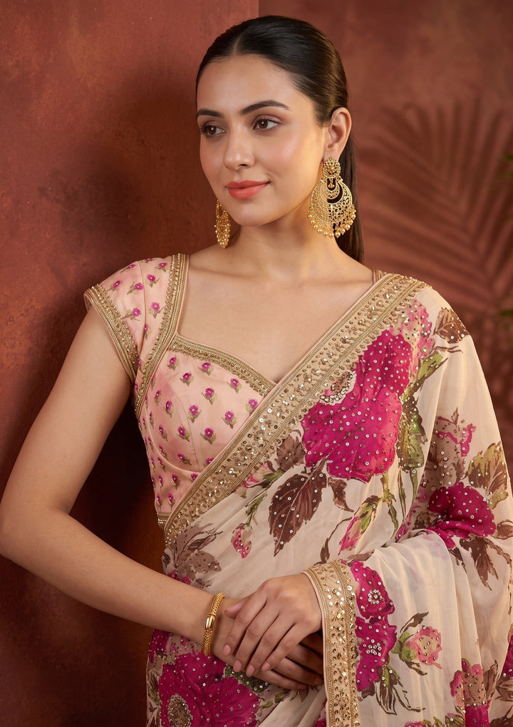 Beige Mirrorwork Chinon Saree