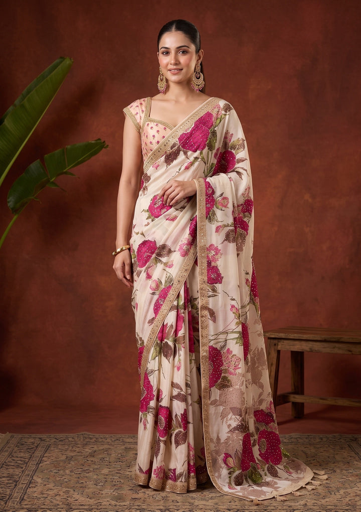 Beige Mirrorwork Chinon Saree