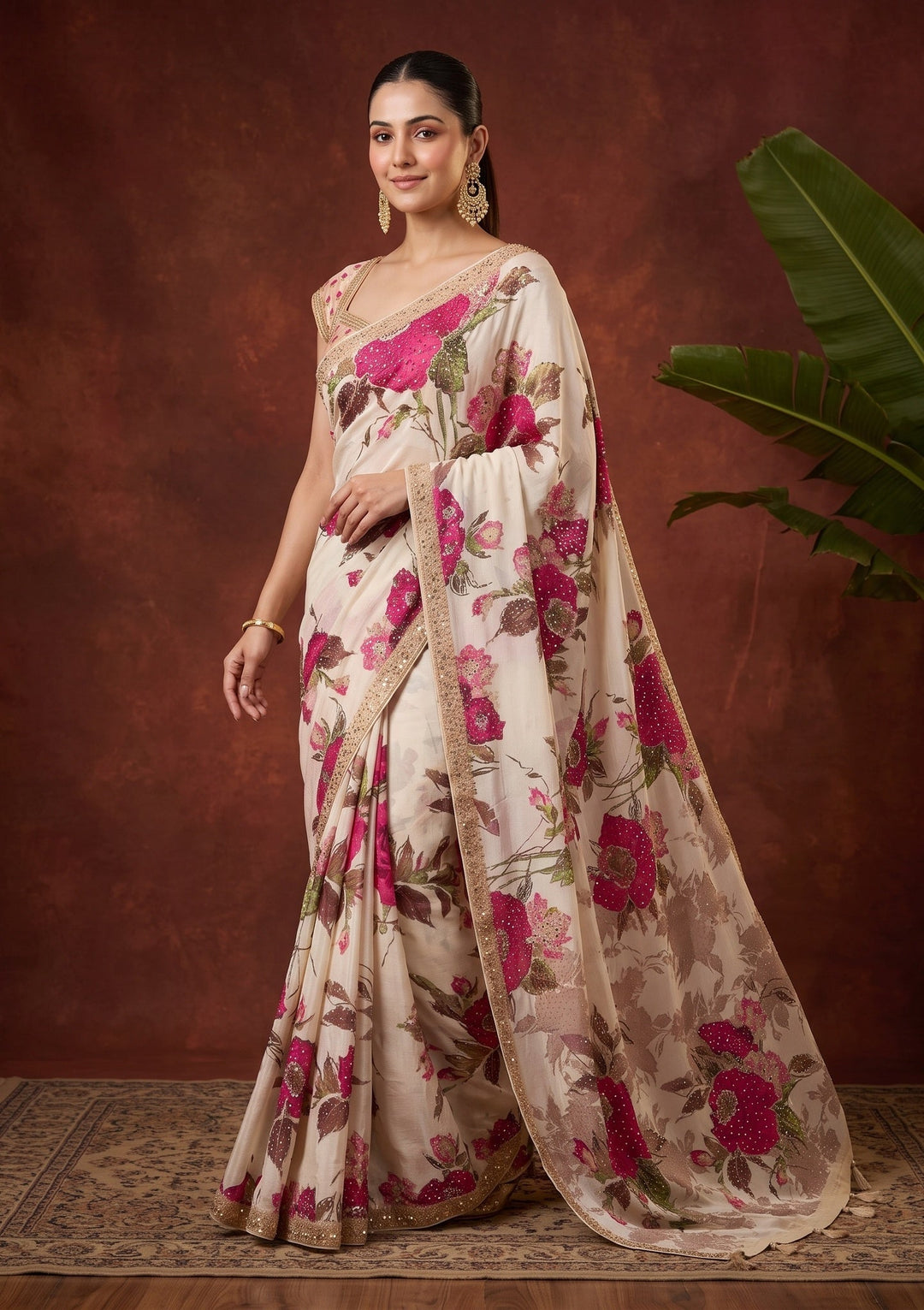 Beige Mirrorwork Chinon Saree
