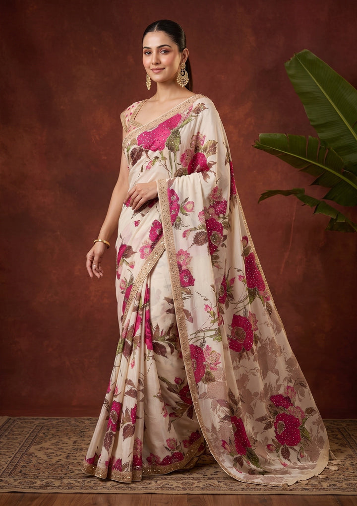 Beige Mirrorwork Chinon Saree