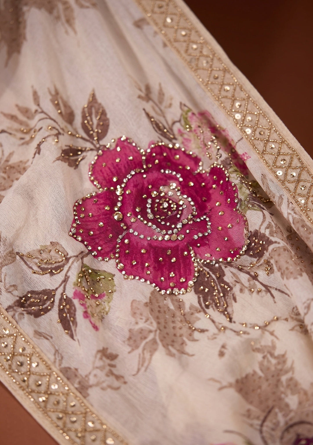 Beige Mirrorwork Chinon Saree