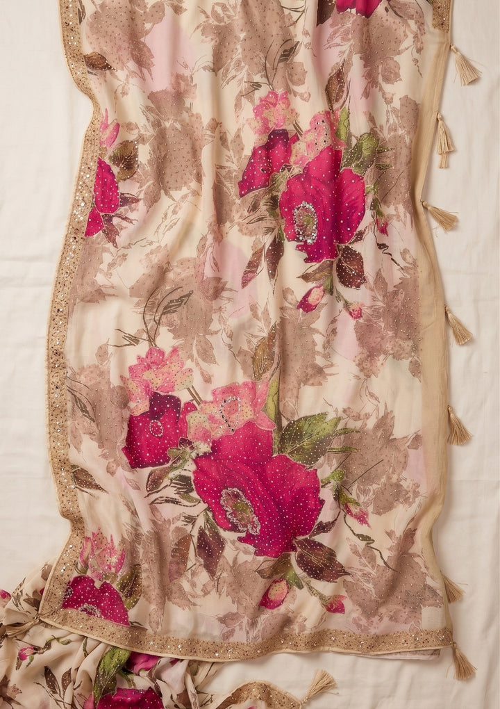 Beige Mirrorwork Chinon Saree