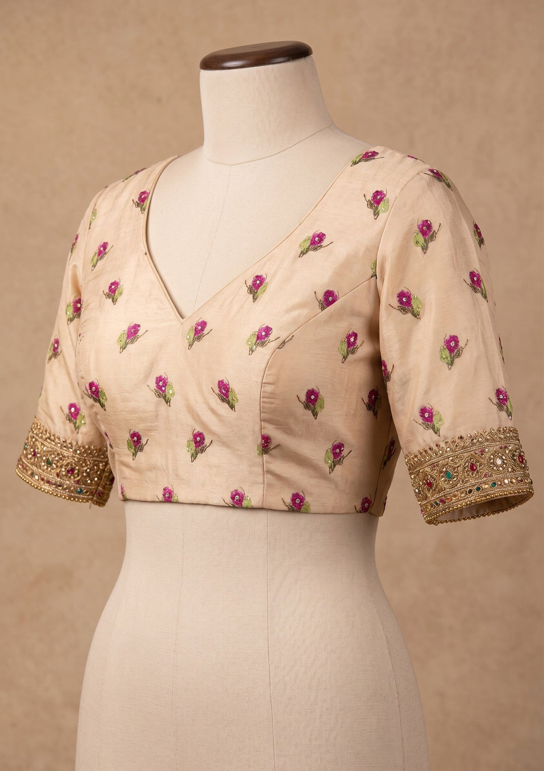 Beige Mirrorwork Chinon Saree