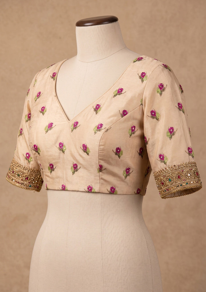Beige Mirrorwork Chinon Saree