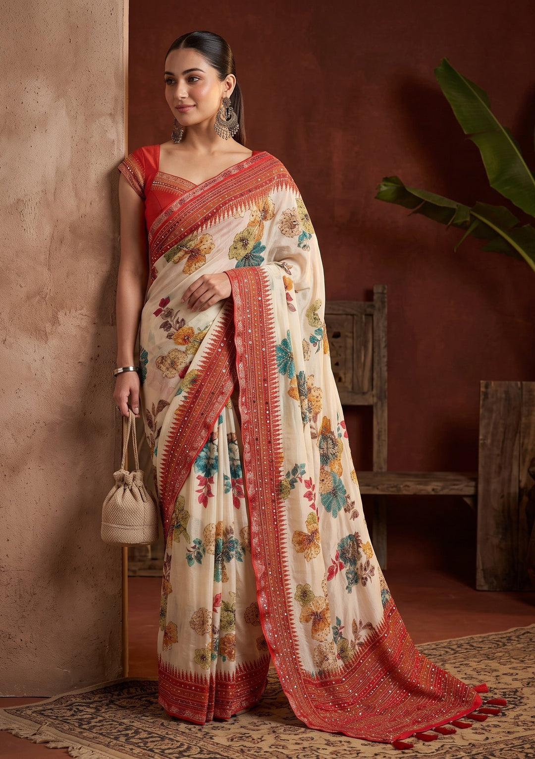 Beige Mirrorwork Chinon Saree