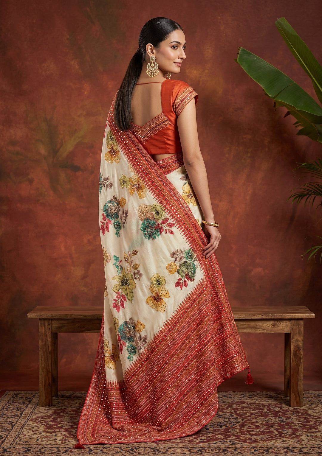 Beige Mirrorwork Chinon Saree