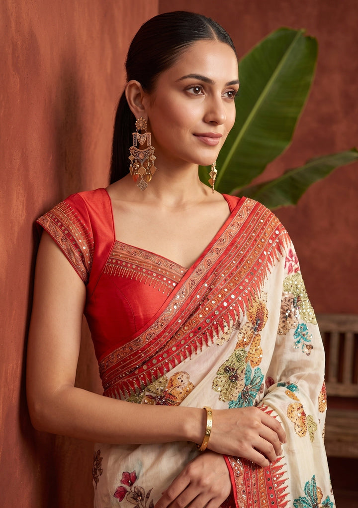 Beige Mirrorwork Chinon Saree