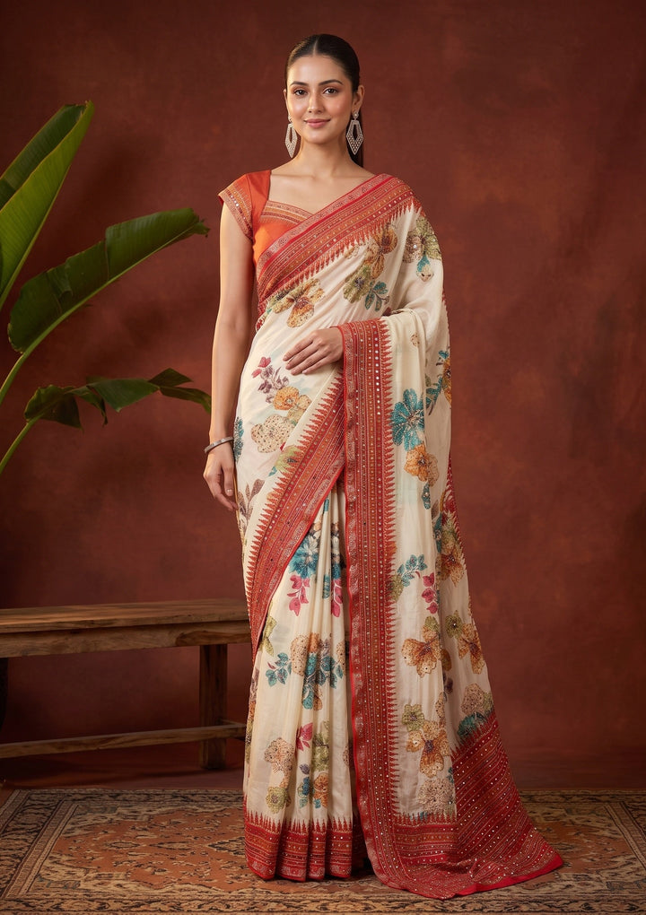 Beige Mirrorwork Chinon Saree