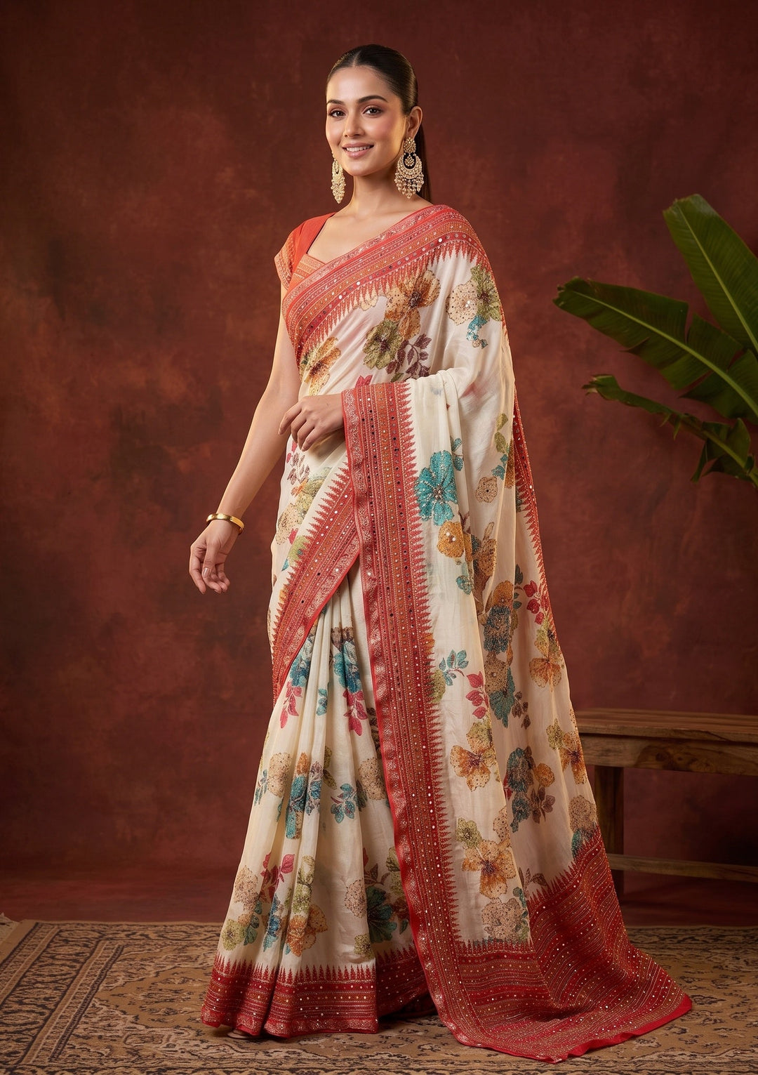 Beige Mirrorwork Chinon Saree