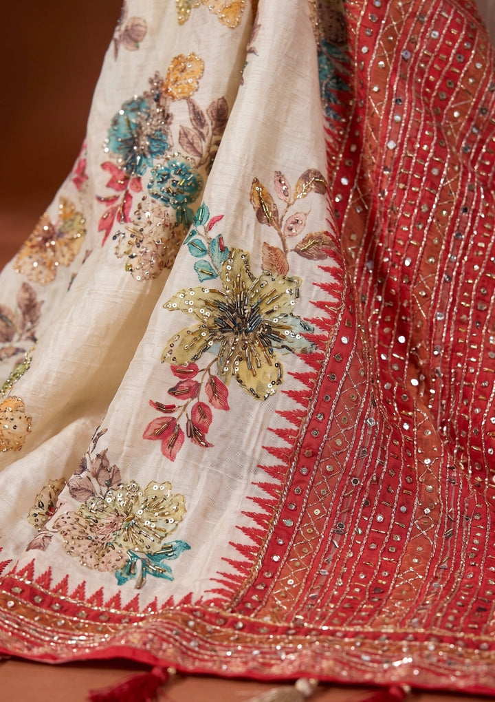Beige Mirrorwork Chinon Saree