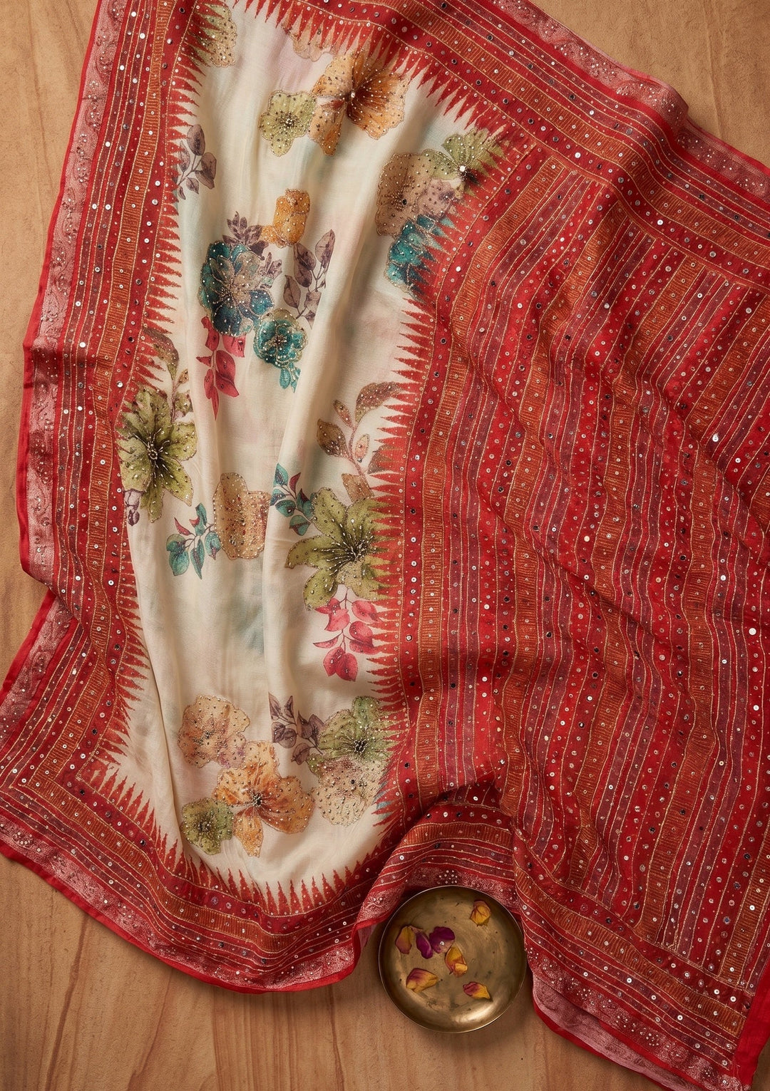Beige Mirrorwork Chinon Saree