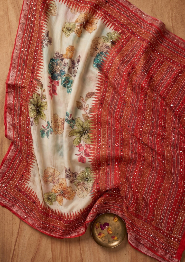 Beige Mirrorwork Chinon Saree