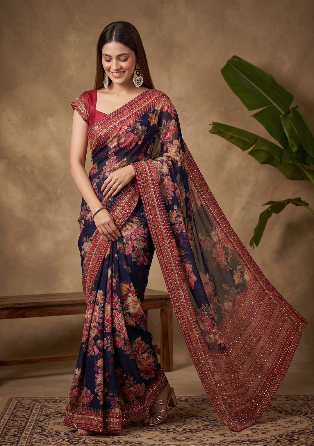 Navy Blue Mirrorwork Chinon Saree