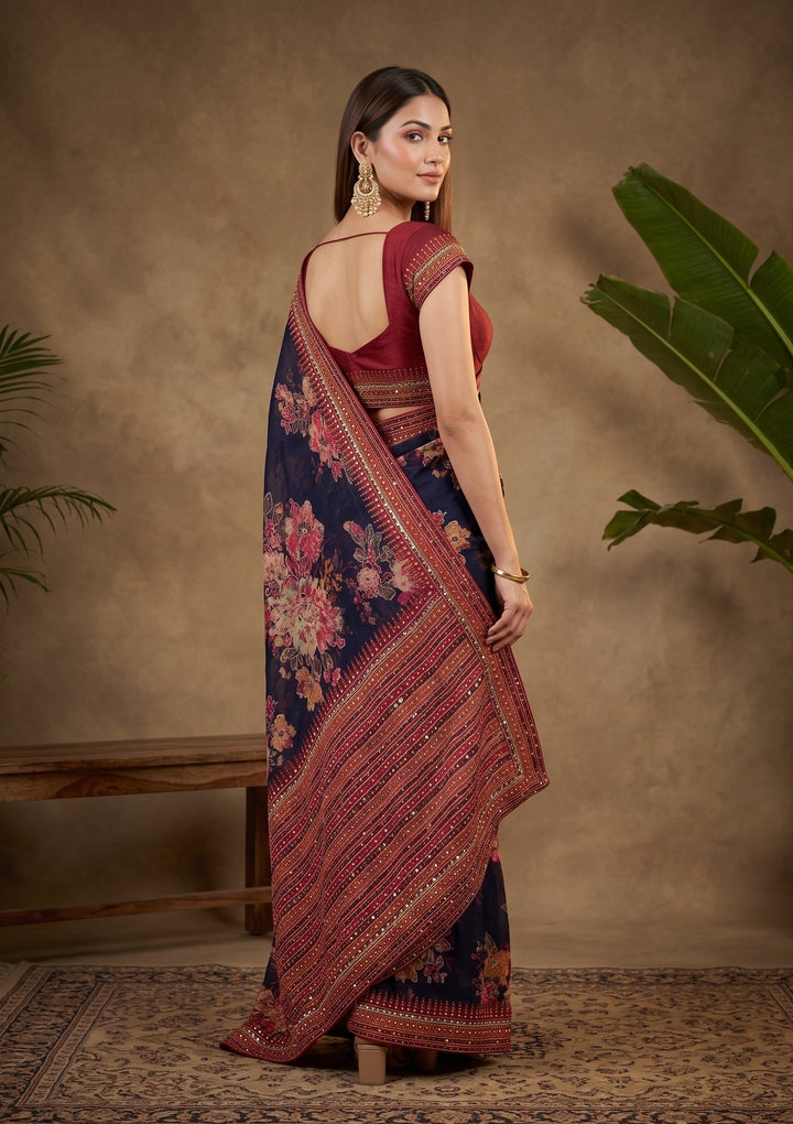 Navy Blue Mirrorwork Chinon Saree