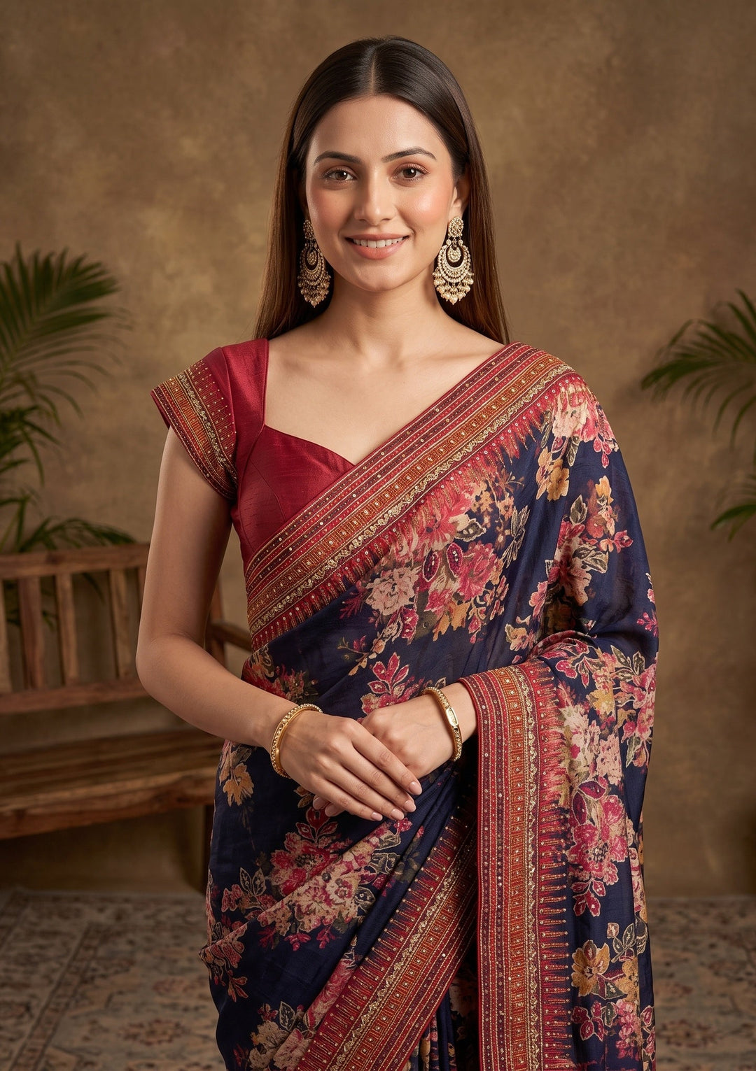 Navy Blue Mirrorwork Chinon Saree