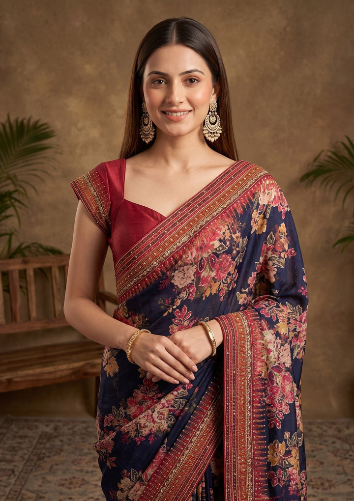 Navy Blue Mirrorwork Chinon Saree